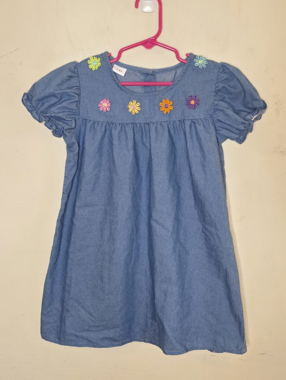 Girls Chambray Flower Embroidered Puff Sleeve Dress Blue 5-6Y Cottagecore